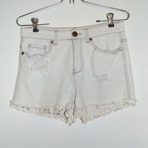 Aqua Denim Shorts with Lace Trim